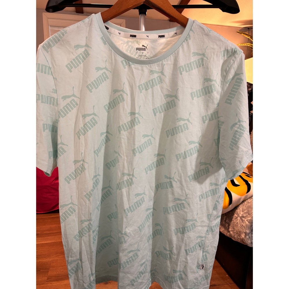 Puma All Over Logo Print T-Shirt Mint Green Short‎ Sleeve Crewneck Large